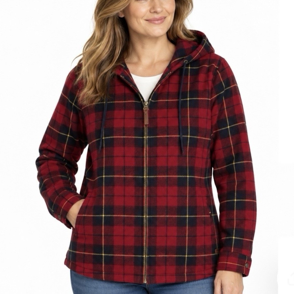 LL Bean Red Scotch Plaid Flannel Shirt Relaxed Zip Hoodie Size 1X